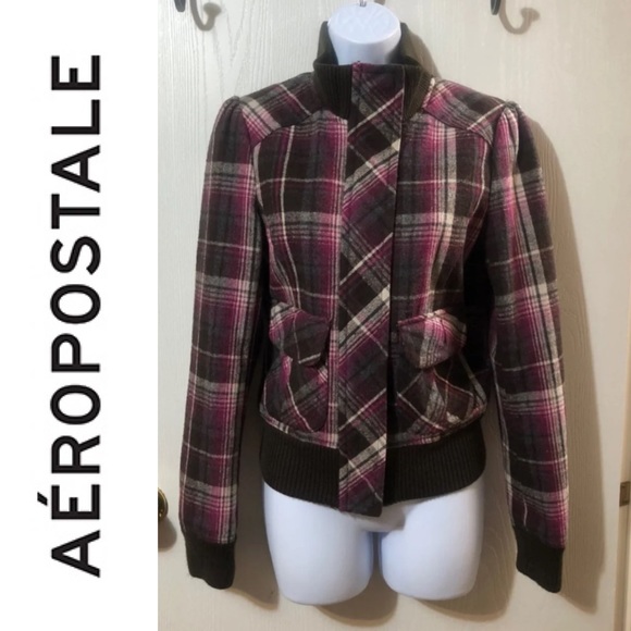 Aeropostale Fuschia Plaid Wool Bomber 